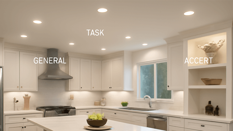 A kitchen with recessed lights for general, task, and accent lighting.