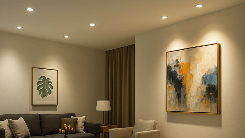 A modern living room with a mix of downlights for general lighting and COB spotlights highlighting artwork