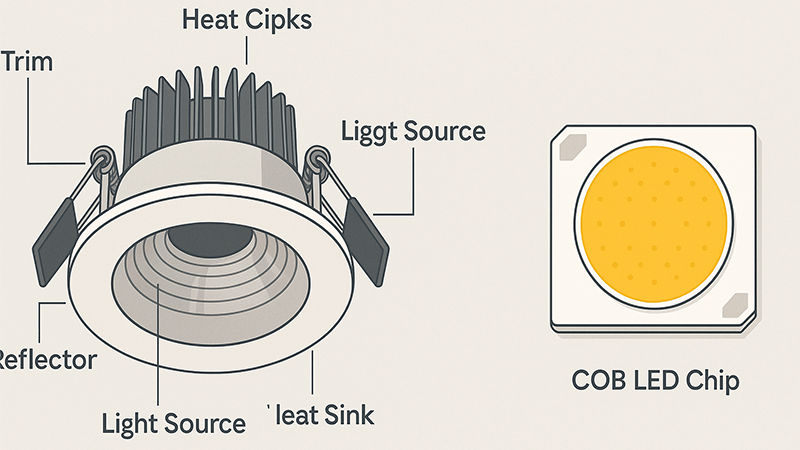 A diagram showing the parts of a downlight fixture and a separate COB LED chip