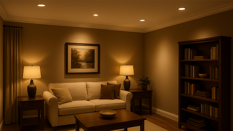 A cozy home interior showing layered lighting with both ambient and accent lights