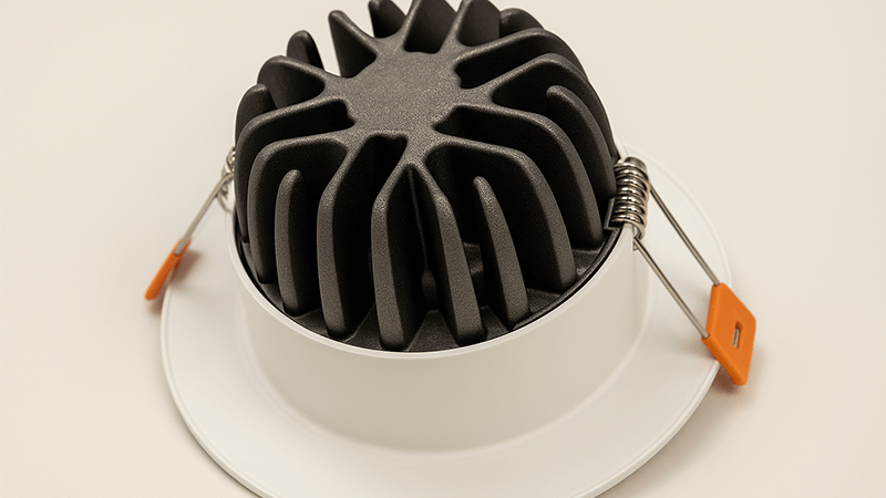 An image showing a well-designed heat sink on the back of a COB downlight