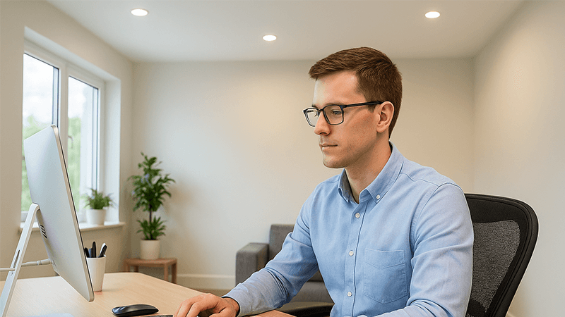 A person working in a well-lit office with natural-looking, glare-free light