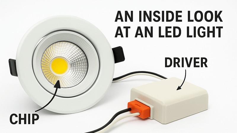 Exploded view of an LED floodlight highlighting its high-quality materials.