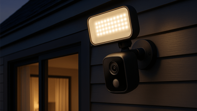 A modern LED floodlight camera installed on a building for security.