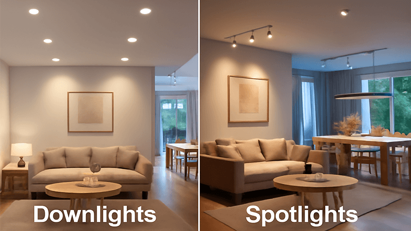 A comparison of a room lit with downlights versus a room with spotlights highlighting artwork.