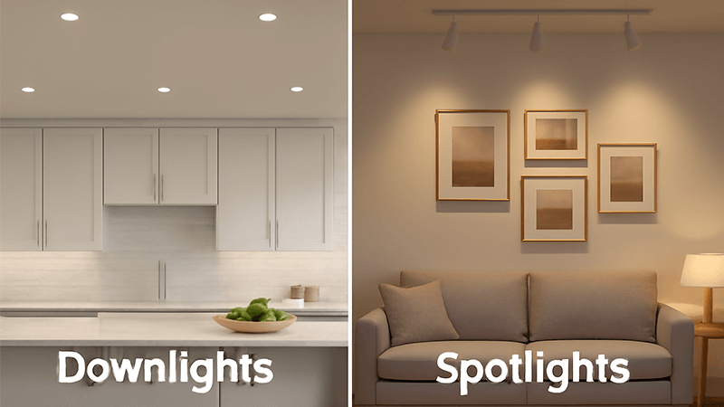 A split image showing a kitchen with downlights and a living room with spotlights on a gallery wall.