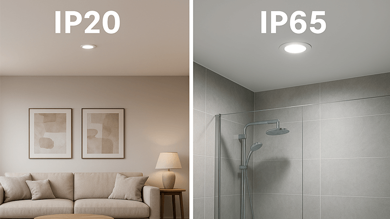 A split image showing an IP20 downlight in a living room and an IP65 downlight in a bathroom