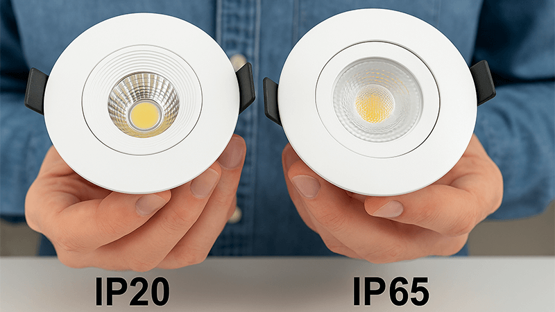 A person comparing two downlights, one marked IP20 and the other IP65