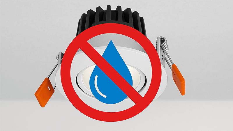 An IP20 downlight with a large red cross over a water droplet symbol