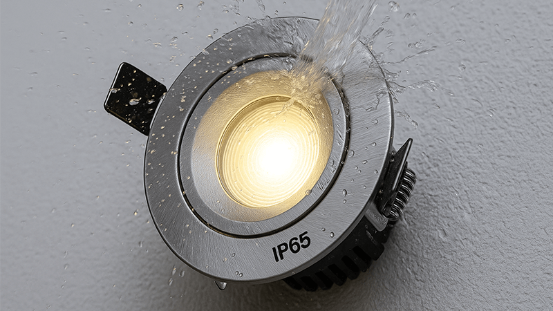 A close-up shot of an IP65 downlight being sprayed with water