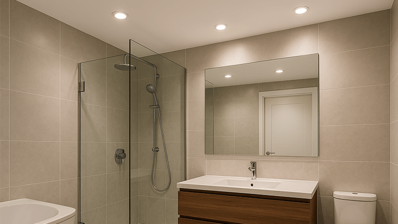 A modern bathroom beautifully lit with IP65 downlights, including one inside the shower cubicle