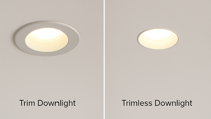 A side-by-side comparison of a trim downlight and a trimless downlight on a ceiling