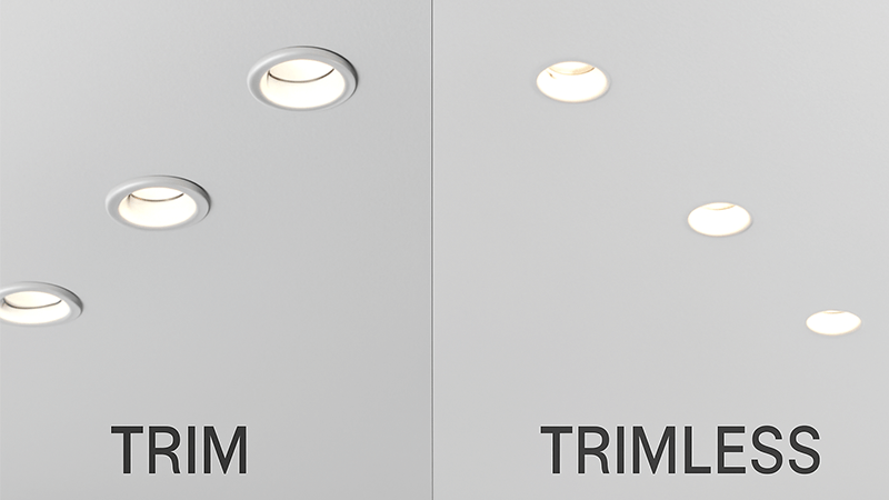 A ceiling showing the finished look of trim downlights on one side and trimless on the other