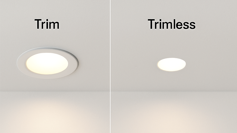 A side-by-side comparison of a trim downlight with a visible ring and a trimless downlight that is flush with the ceiling.