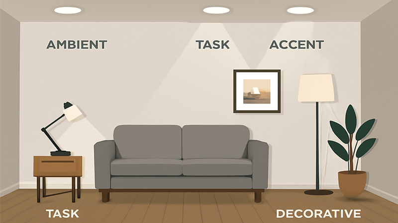 An illustration showing a room with examples of ambient, task, accent, and decorative lighting.