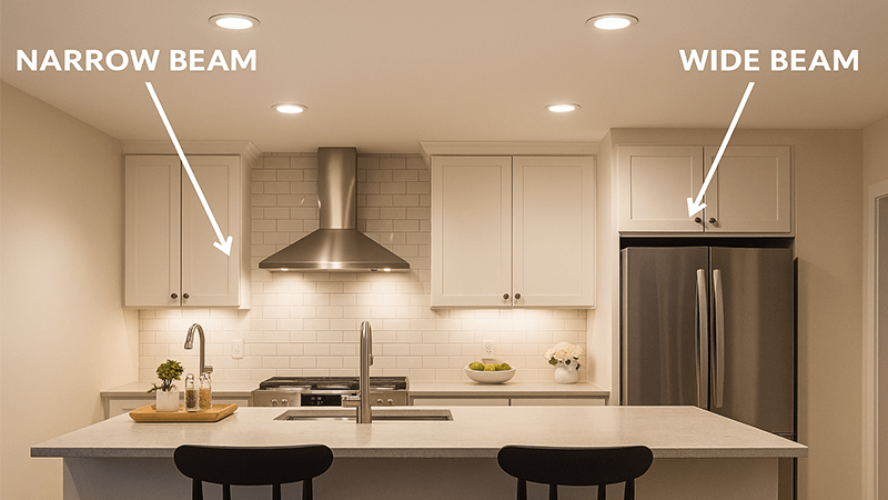 Kitchen with different downlight beam angles for task and ambient lighting
