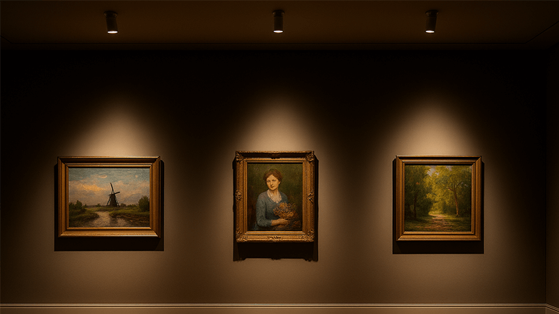 A museum gallery using precise beam angles to light artwork