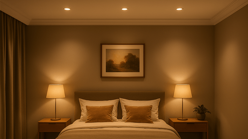 A cozy bedroom with soft, wide-angle downlights for a relaxing atmosphere