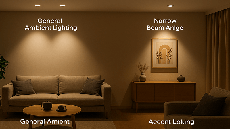 A living room with different beam angle downlights showcasing general and accent lighting
