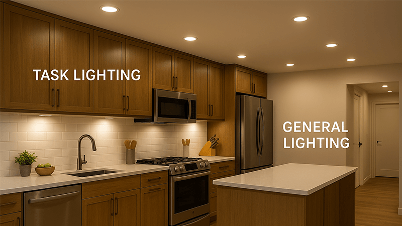 A kitchen with task lighting over the counters and general lighting in the walkways