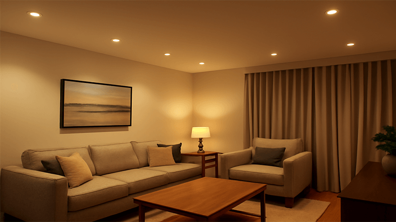 Best Color Temperature For Downlights A living room illuminated by warm white downlights