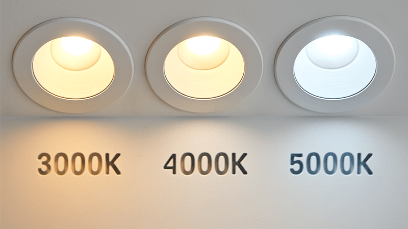 Color temperature of downlights A close-up of three downlights showing different color temperatures