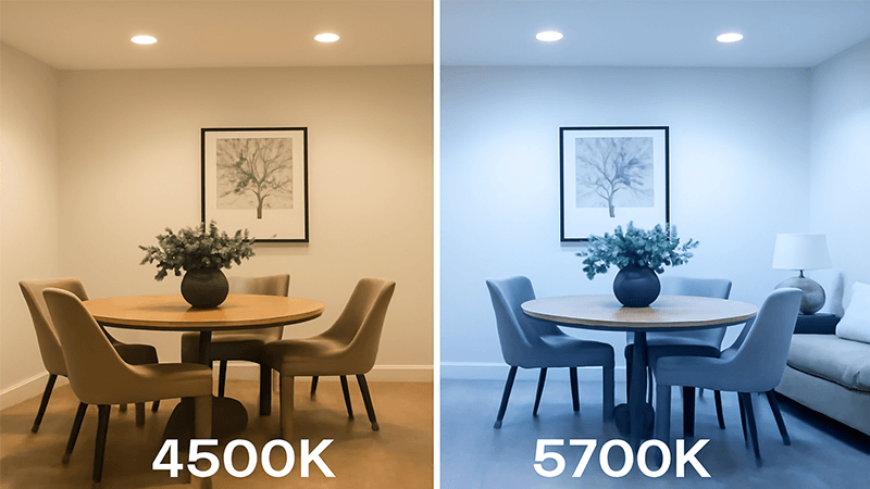 4500K vs 5700K color temperature Side-by-side comparison of a room with 4500K and 5700K lighting