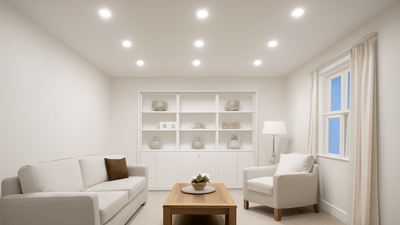 4000K lighting in a living room A living room with overly bright 4000K lighting