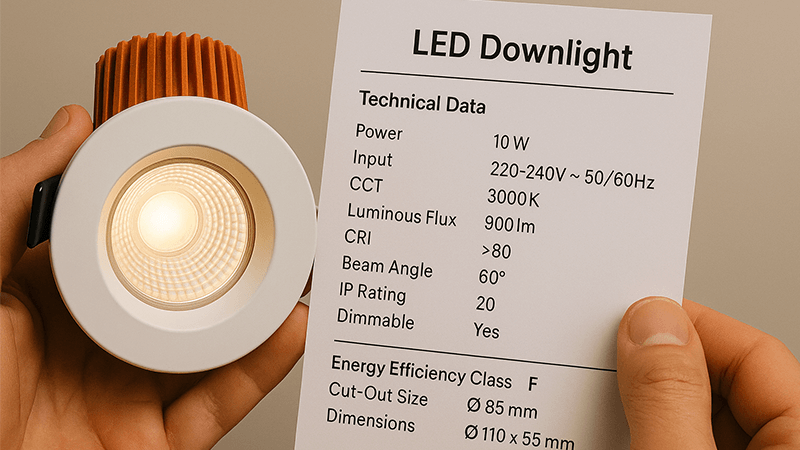 Choosing a Good LED Downlight A person inspecting the technical specification sheet of an LED downlight.