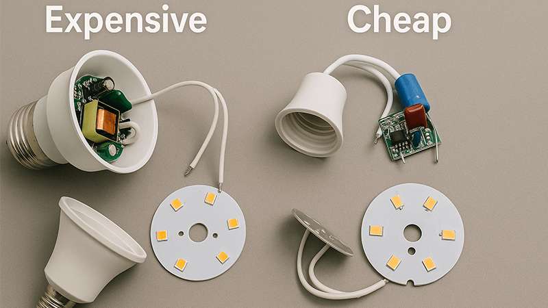 Component Differences in LED Lights A side-by-side comparison of the internal components of a cheap and an expensive LED light.