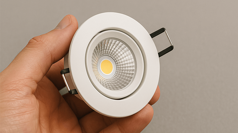 Inspecting LED Light Quality A hand holding and inspecting a high-quality LED downlight, focusing on its solid build.