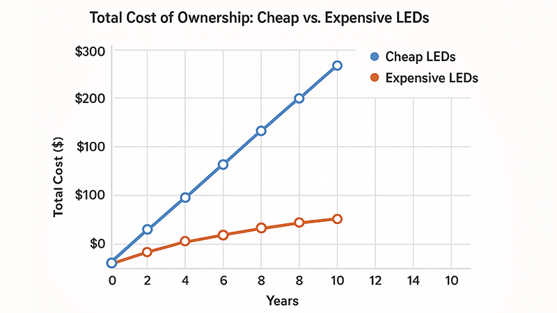 Total Cost of Ownership of LEDs A chart showing the Total Cost of Ownership for cheap vs. expensive LEDs over time.