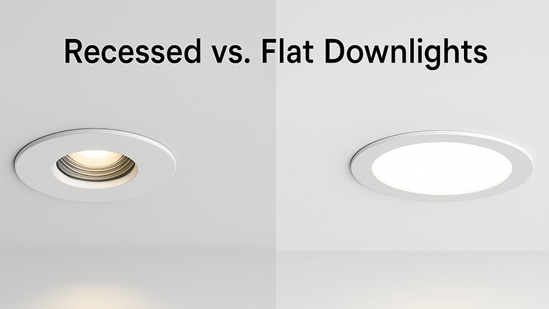 A modern living room showing both recessed and flat panel downlights