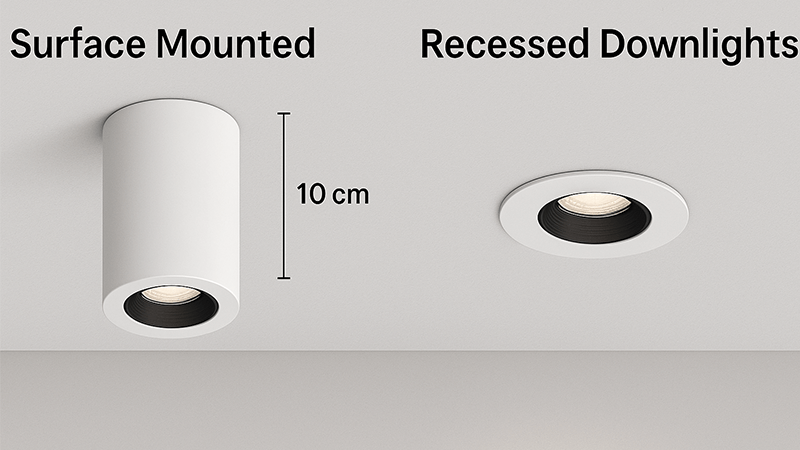 A comparison of a surface mounted downlight and a recessed downlight on a ceiling