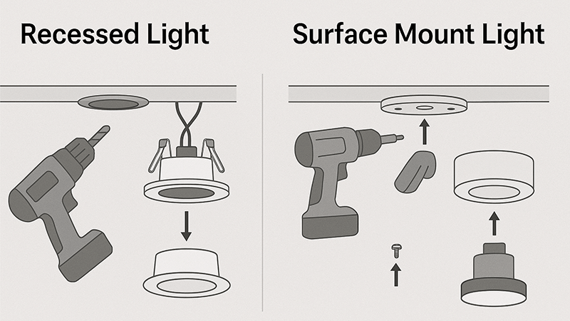 Diagram showing the installation process for recessed and surface mount lights