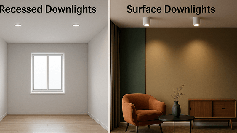 A minimalist room with recessed downlights versus a stylish room with surface downlights
