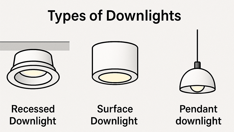 An infographic showing different types of downlights including recessed, surface, and pendant