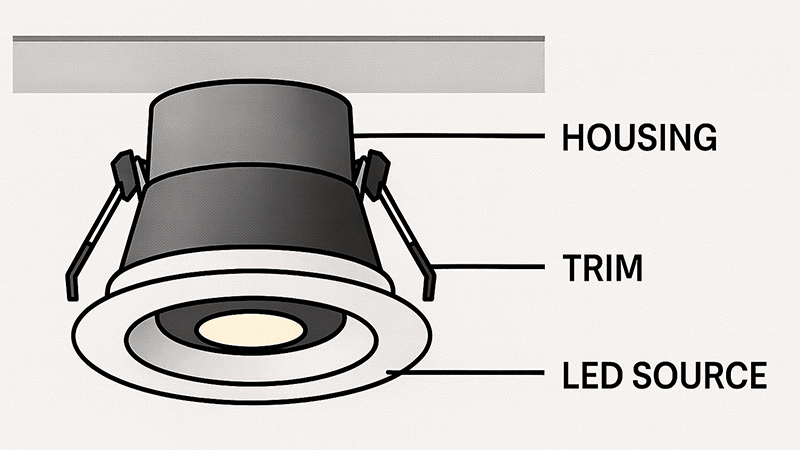 A detailed diagram labeling the parts of a recessed downlight: housing, trim, and LED source