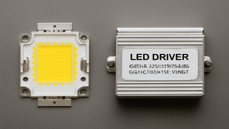 LED Floodlight Components Lifespan A close-up shot of an LED chip and a high-quality driver component side by side