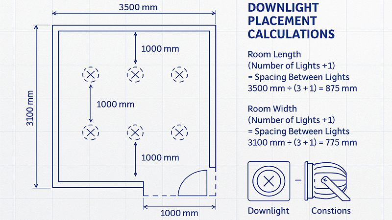 A blueprint showing calculations for downlight placement