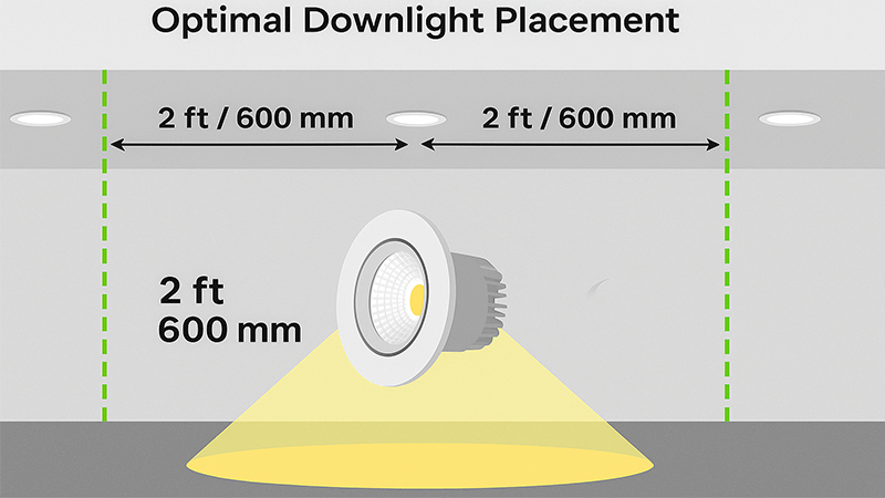 Diagram showing optimal downlight placement away from walls