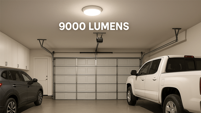 A brightly lit garage with a 9000 lumen light fixture
