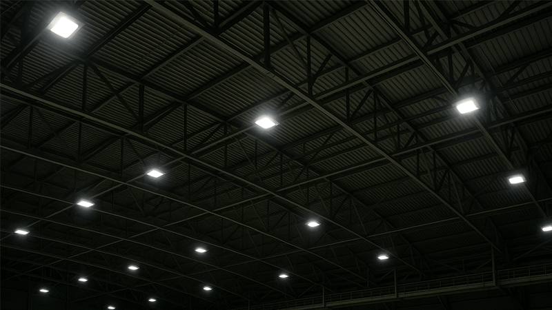 Ceiling of an indoor arena with modern LED light fixtures