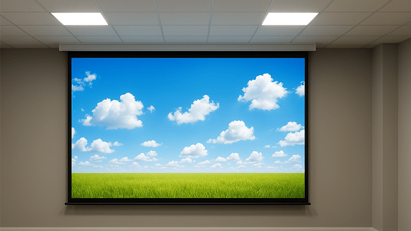 A large projector screen displaying a bright image in a well-lit room