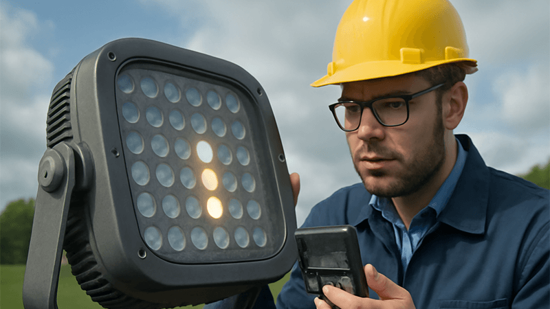 Causes of LED Flood Light Failure A failed LED flood light being inspected by an engineer