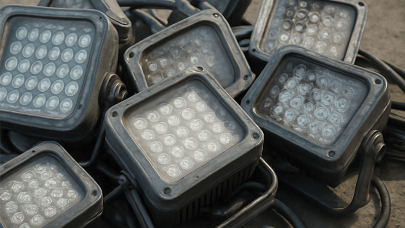 Low-Quality LED Lights Lead to Frequent Failures A pile of discarded, low-quality LED flood lights representing frequent failures