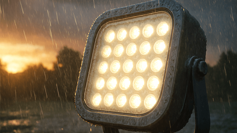 LED Light Performance in a Harsh Environment An outdoor LED flood light installed in a harsh, demanding environment