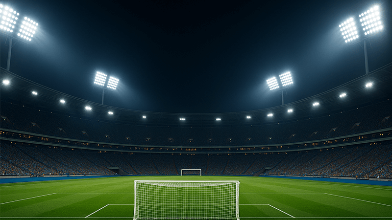 A brightly lit football stadium at night