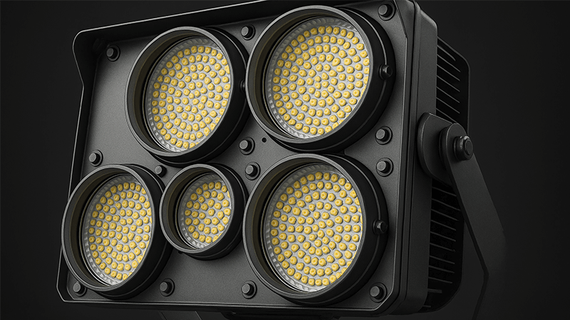 Close-up of a powerful LED stadium light fixture