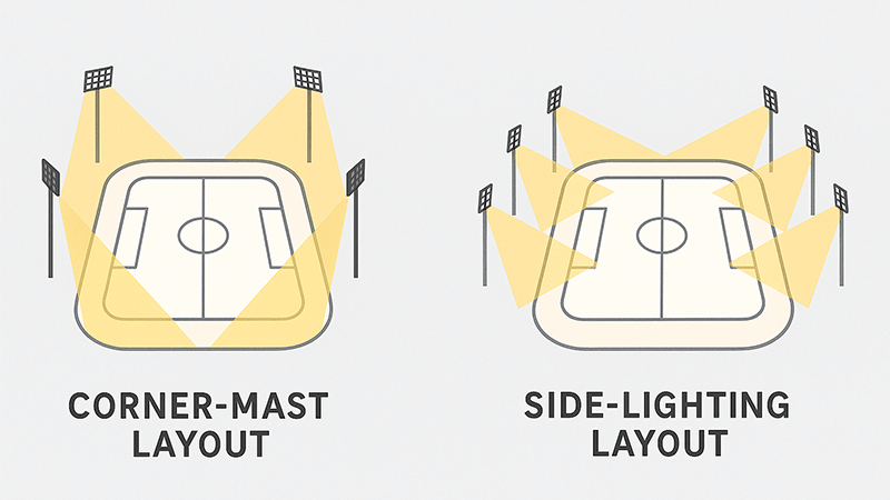Diagram showing corner-mast and side-lighting layouts in a stadium